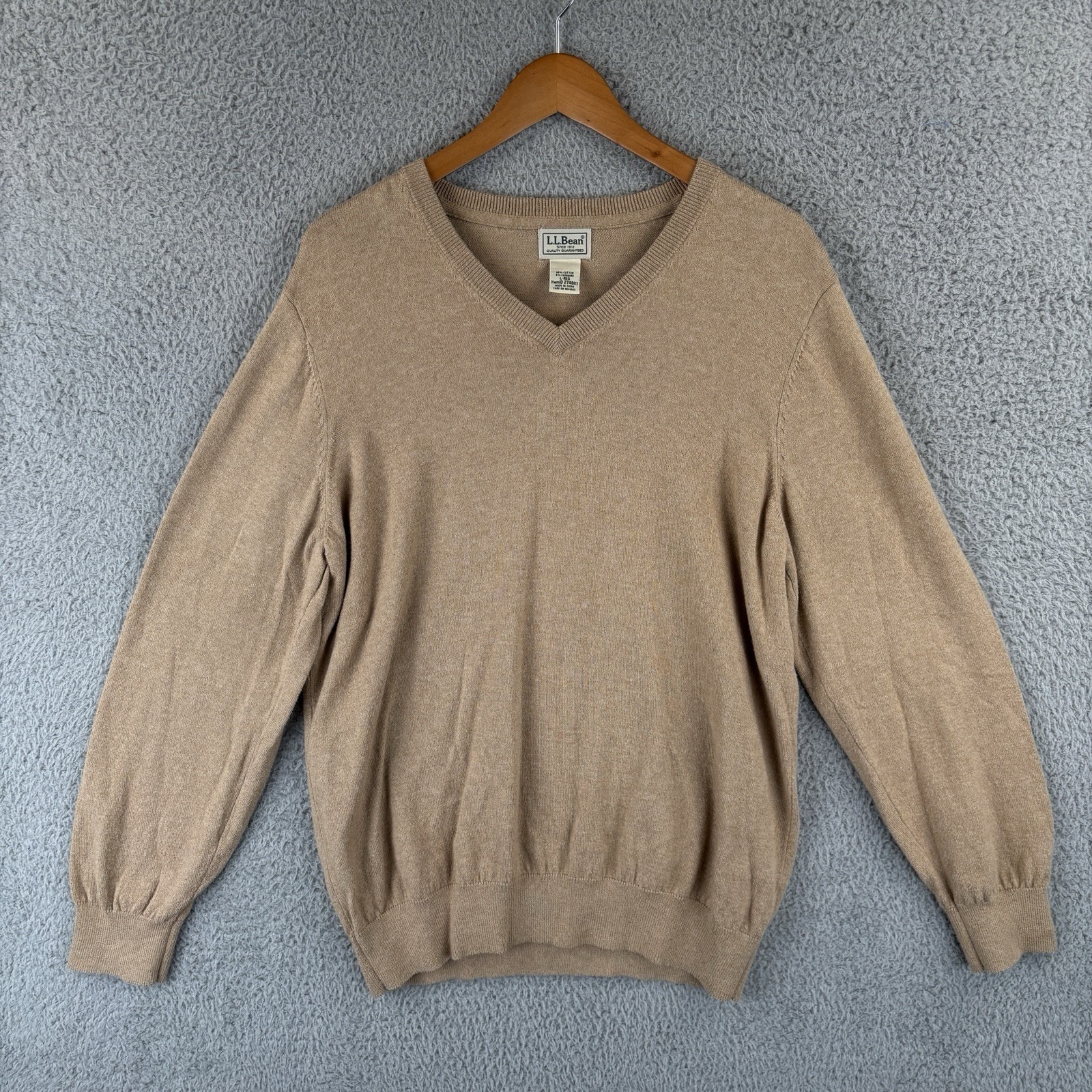 Ll Bean Sweater Mens Large Tan Cotton Cashmere Blend V Neck Preppy Classic
